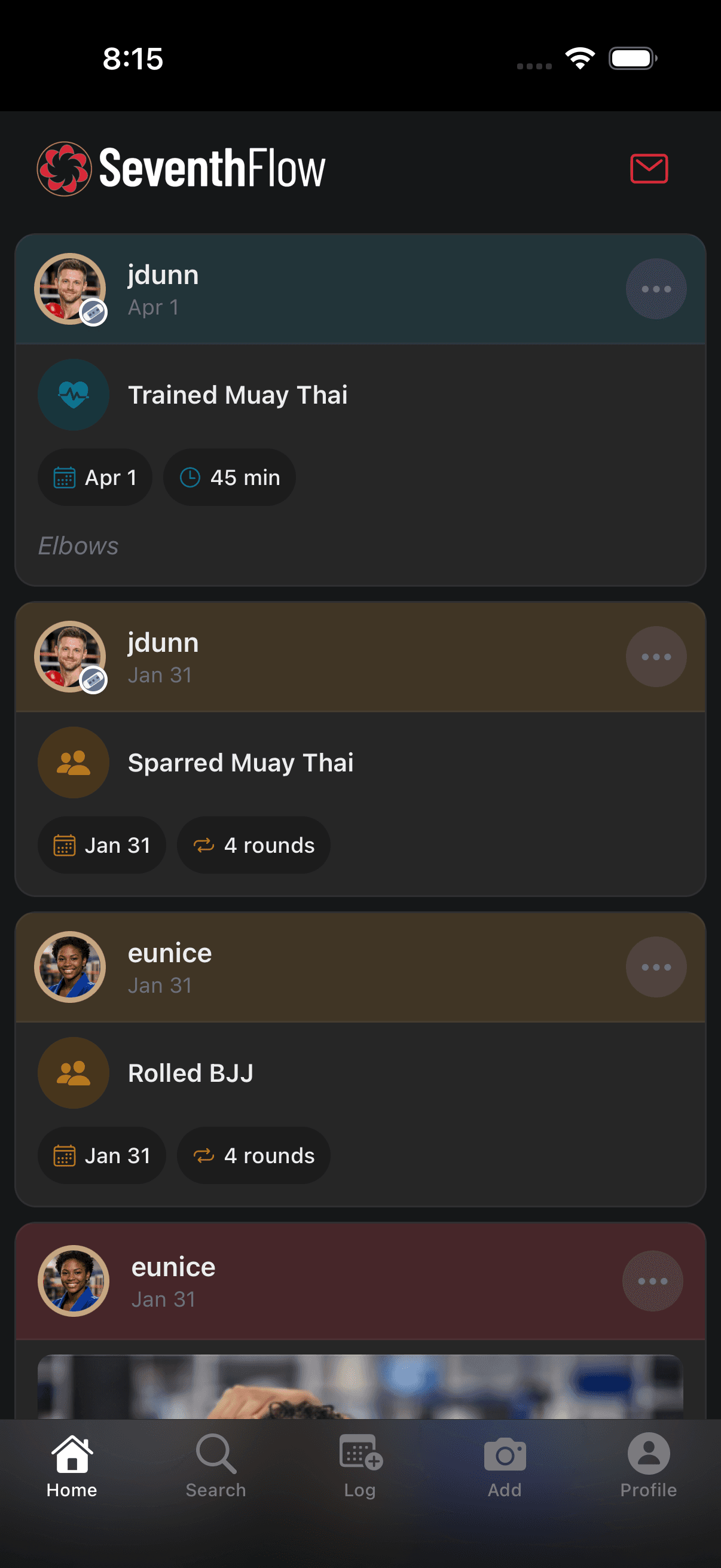 SeventhFlow feed for sharing martial arts milestones