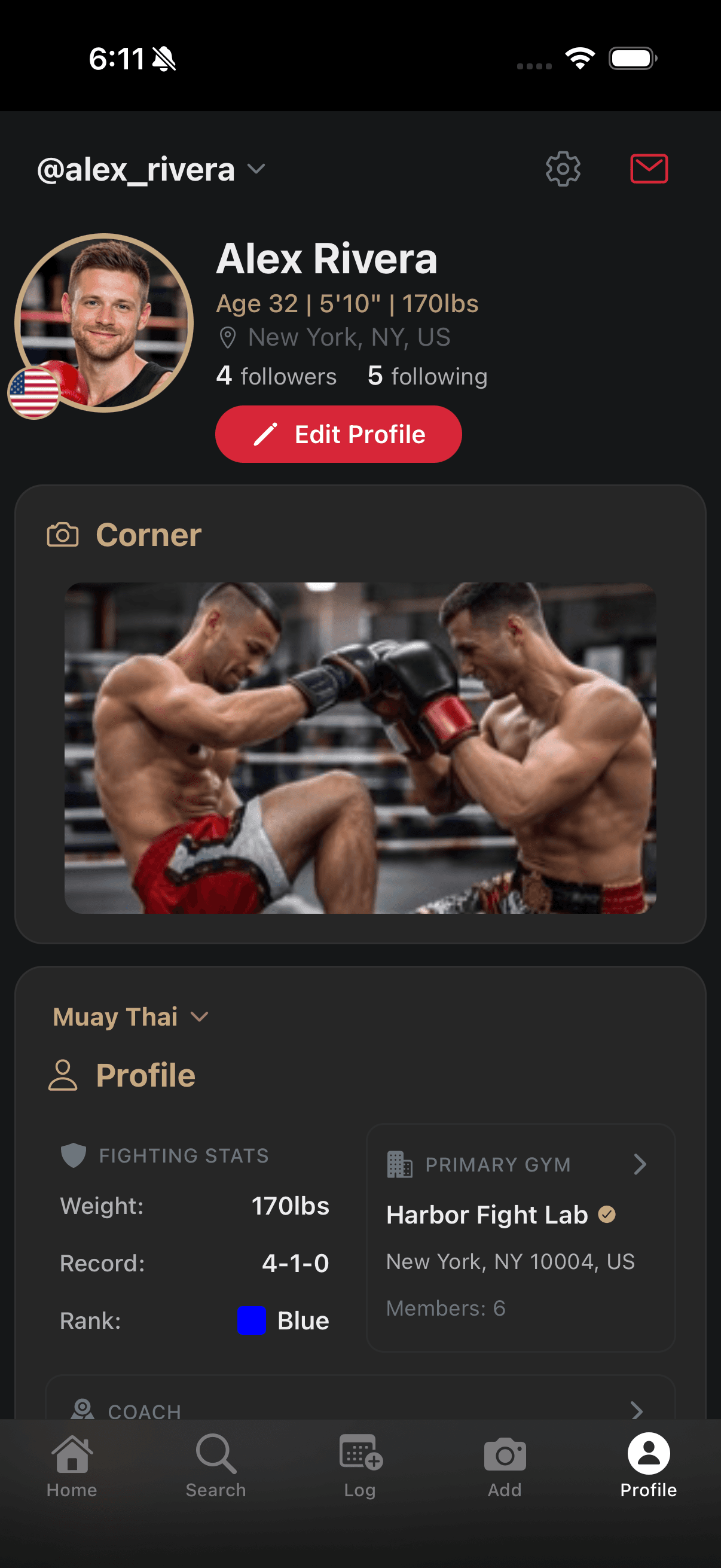 SeventhFlow fighter profile with gym, coach, rank, and record