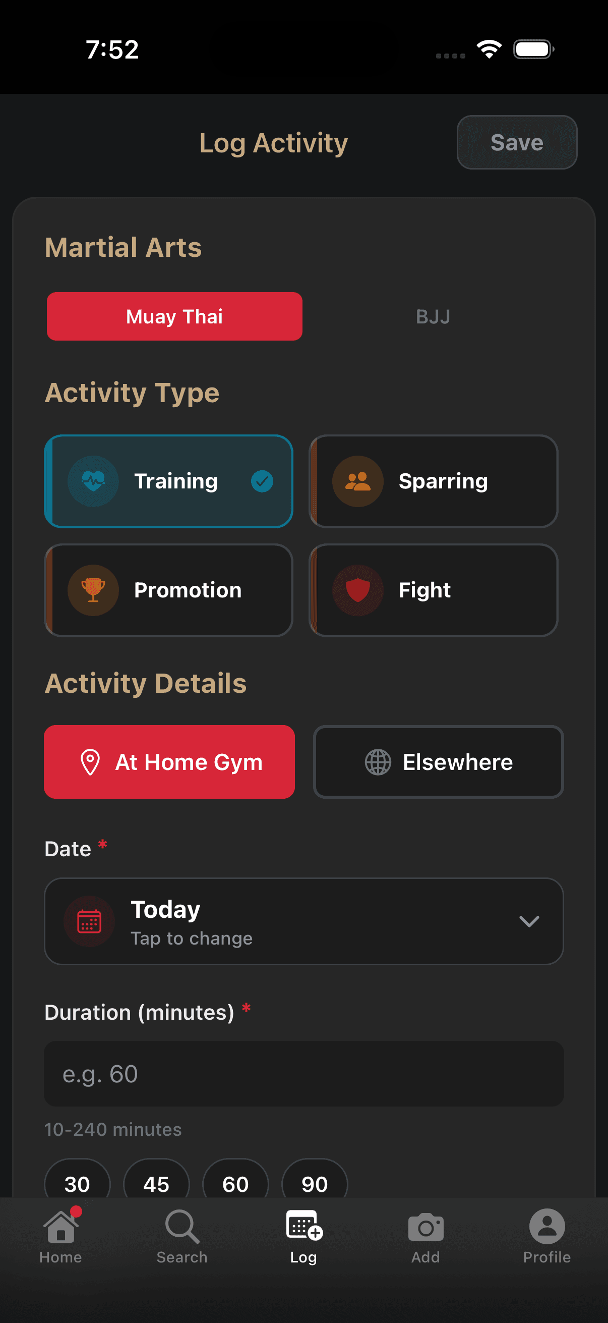 SeventhFlow activity logging screen