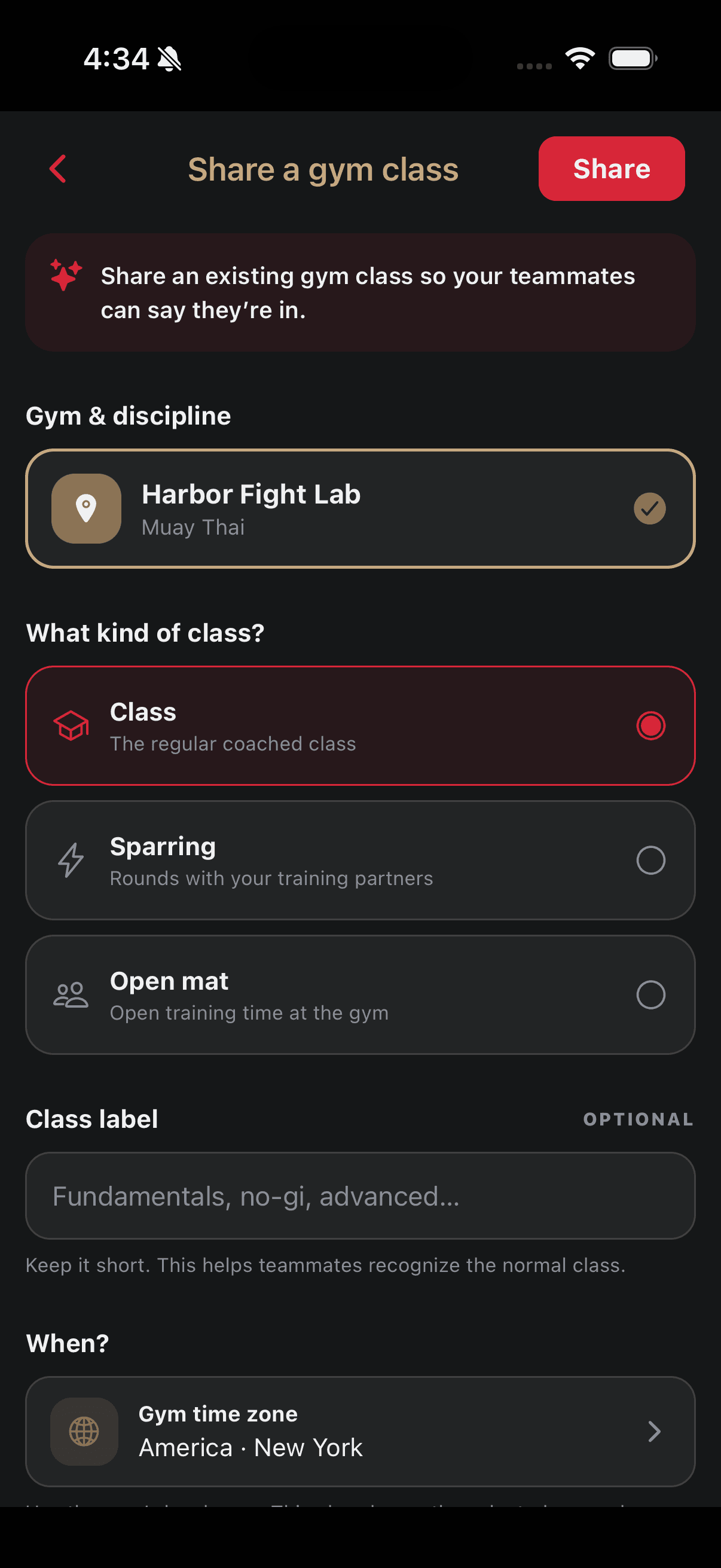 SeventhFlow form for sharing an existing BJJ or Muay Thai gym class