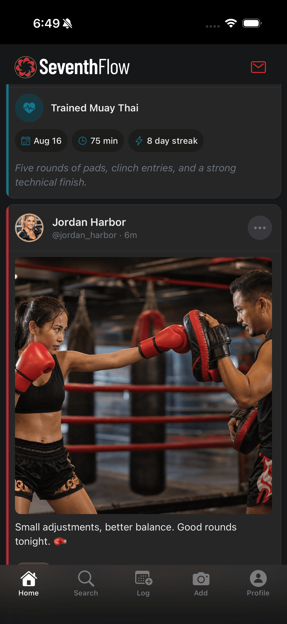 SeventhFlow home feed with redesigned training and martial arts media cards