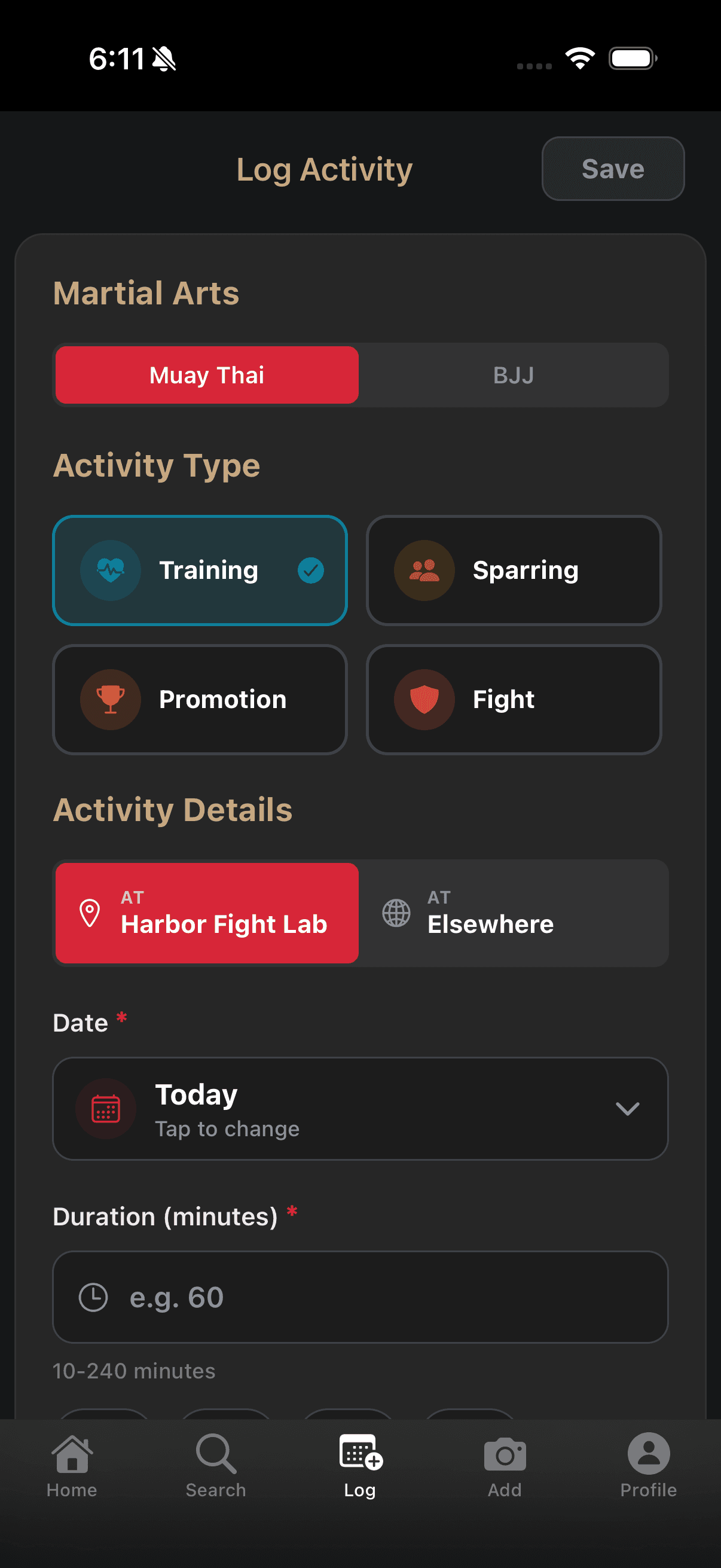 SeventhFlow activity form for logging a martial arts training session